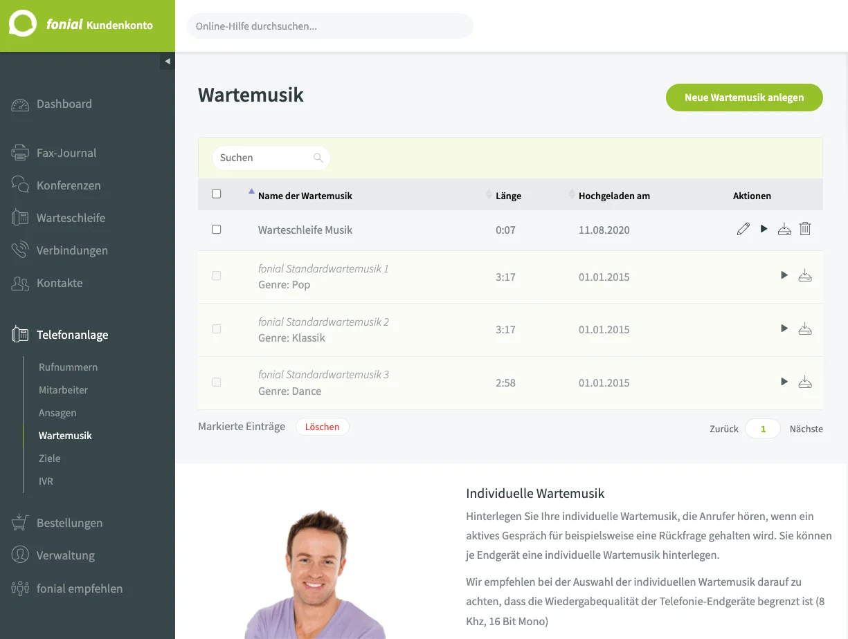 fonial-Kundenkonto: Individuelle Wartemusik einstellen fonial-Kundenkonto: Individuelle Wartemusik einstellen
