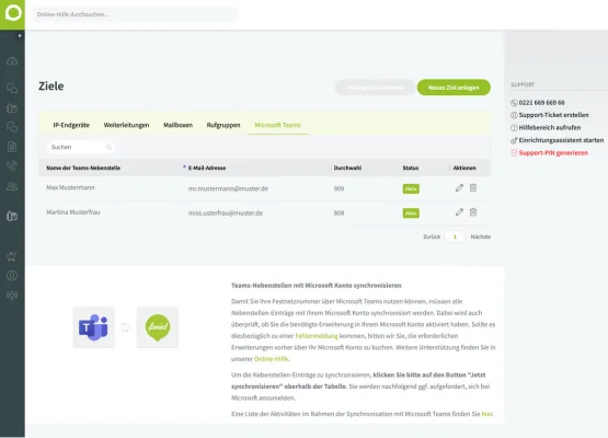 Microsoft Teams Ziele im fonial Kundenkonto