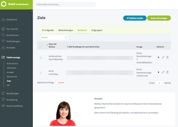 Die Mailbox-Einrichtung im fonial Kundenkonto