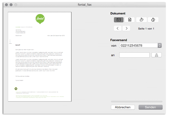 fonial Fax-Druckertreiber - Ansicht Fax versenden