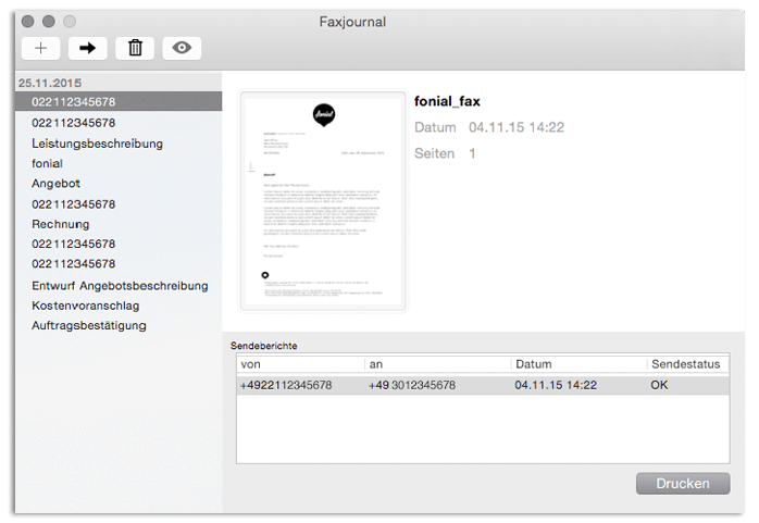 fonial Fax-Druckertreiber - Ansicht Faxjournal
