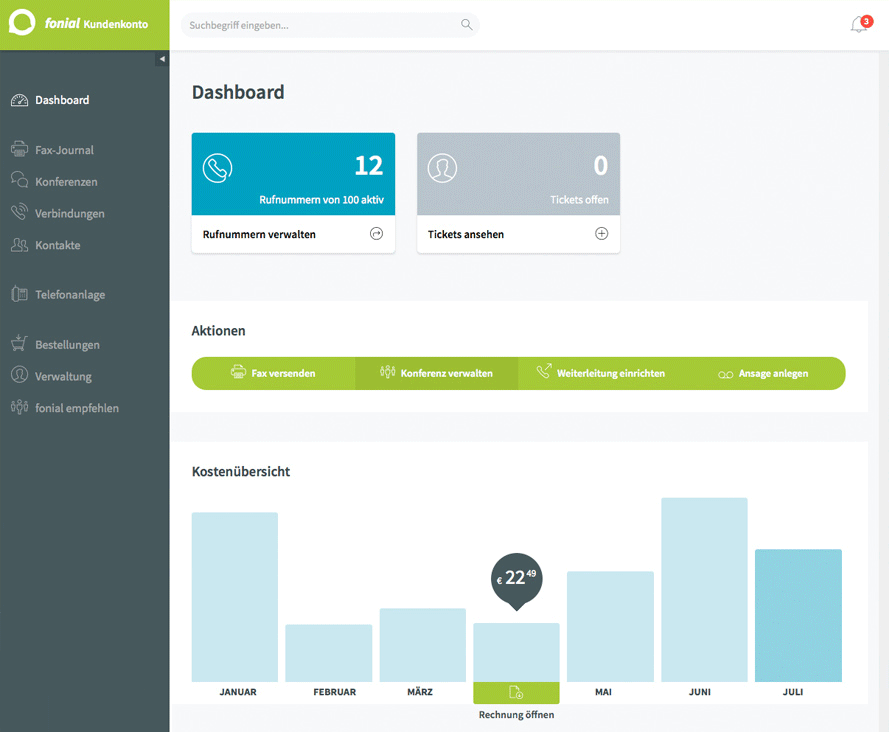 fonial-Kundenkonto: Dashboard