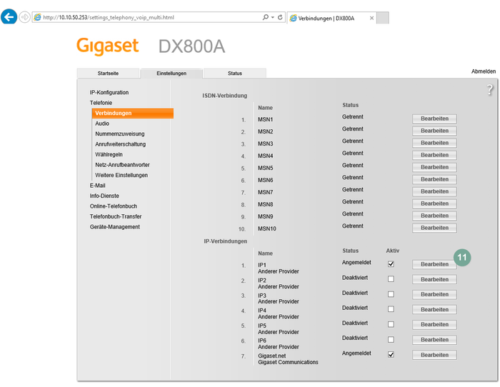 Aktive IP-Verbindungen Gigaset DX800A