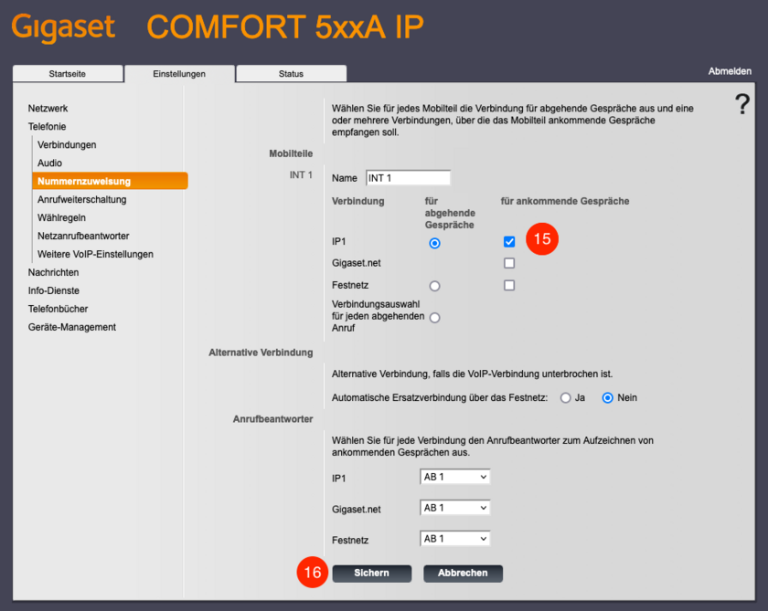 Gigaset COMFORT 500: Nummernzuweisung