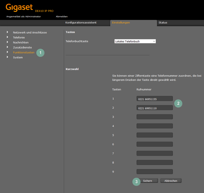 Ansicht Administrator-Oberfläche Gigaset Funktion Kurzwahl