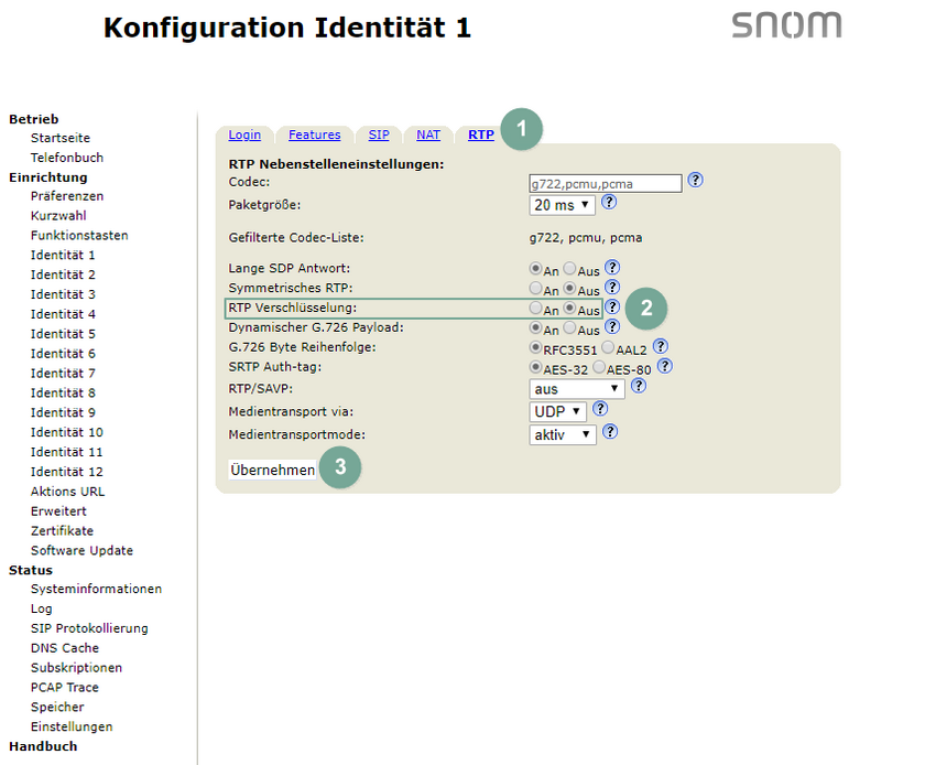 sno D785 RTP Nebenstelleneinstellungen