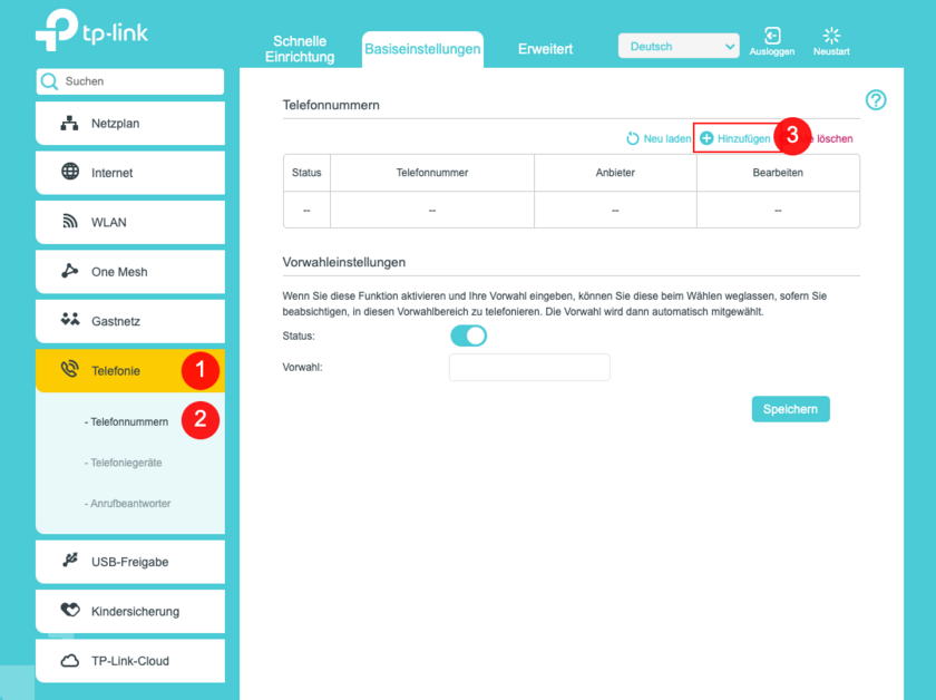 TP-Link Telefonie einrichten: Rufnummer hinzufügen