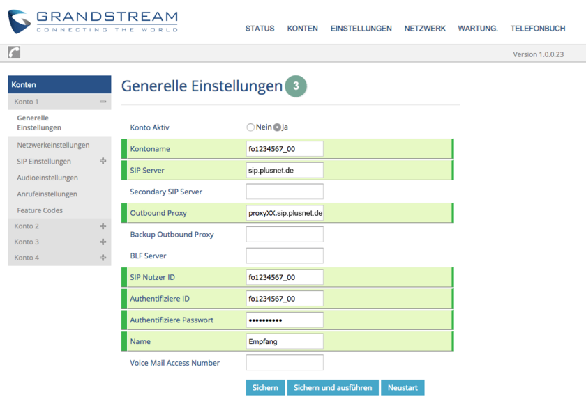 Kontoeinstellungen Grandstream GXP1450