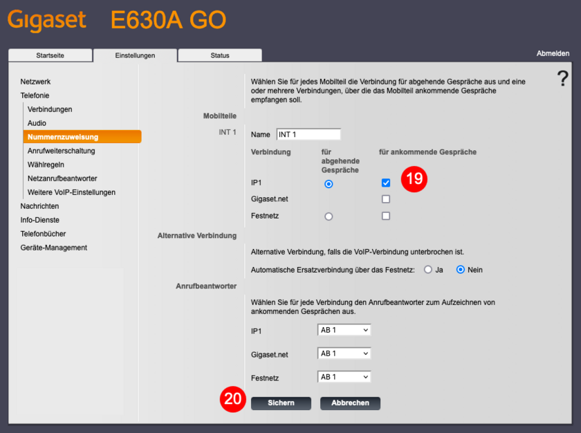 Gigaset E630: Nummernzuweisung