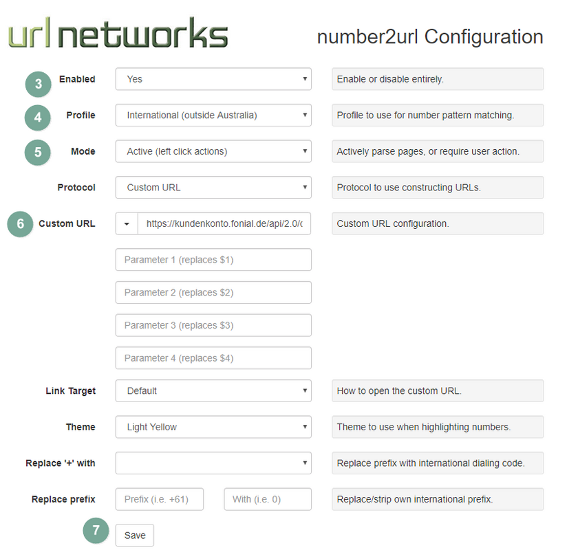 URL Networks number2url EInstellungen