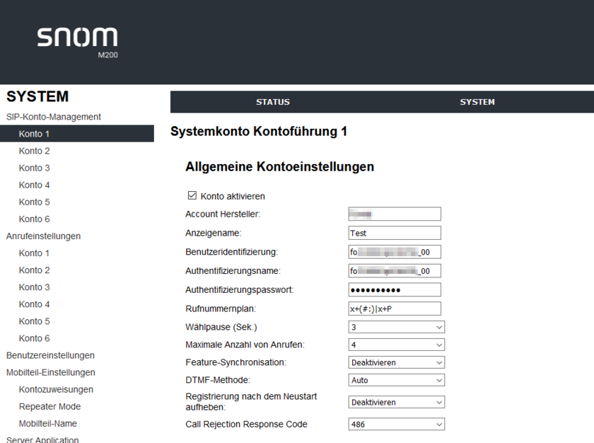 snom M215 SC: Allgemeine Kontoeinstellungen