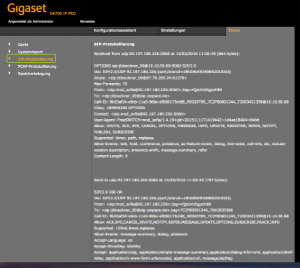 Gigaset SIP-Protokollierung