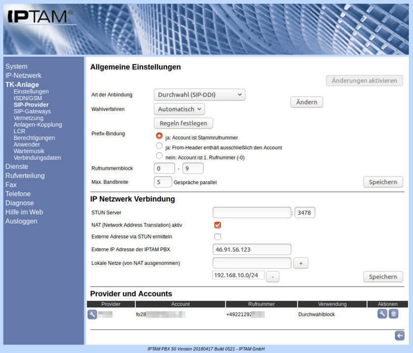 SIP-Einstellungen IPTAM