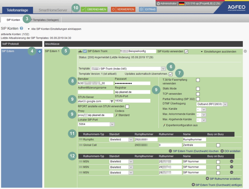 AGFEO Telefonanlage: Konfiguration der SIP Trunk Zugangsdaten und der Rufnummern