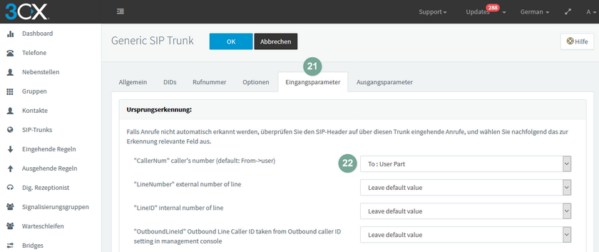 Eingangsparameter setzen bei der 3CX für Trunking