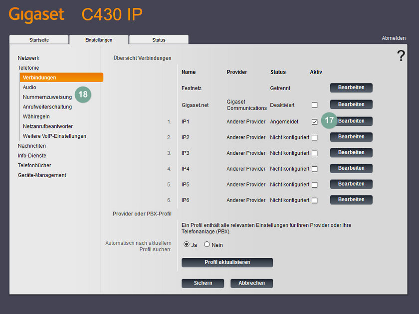 Gigaset C430: Aktive Verbindungen