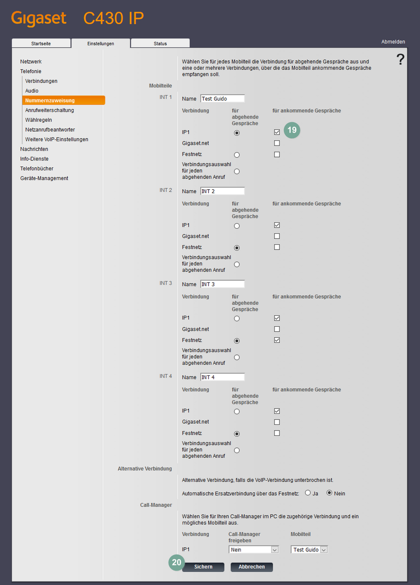 Gigaset C430: Nummernzuweisung