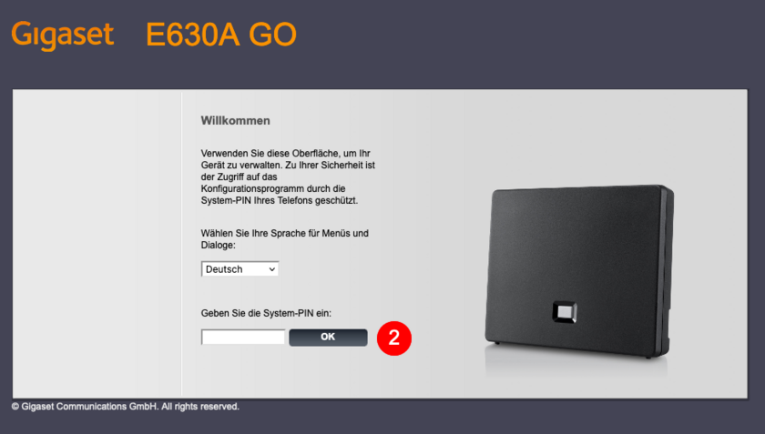 Manuelle Konfiguration Gigaset E630A GO Schritt 1