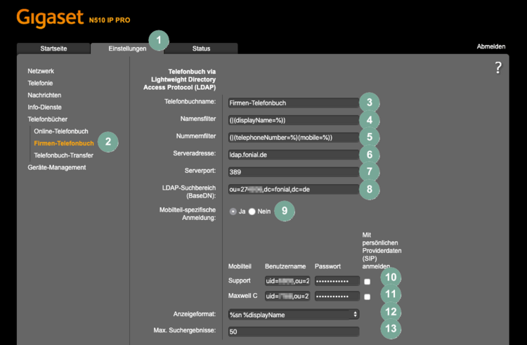 Gigaset N510: LDAP-Telefonbuch einrichten