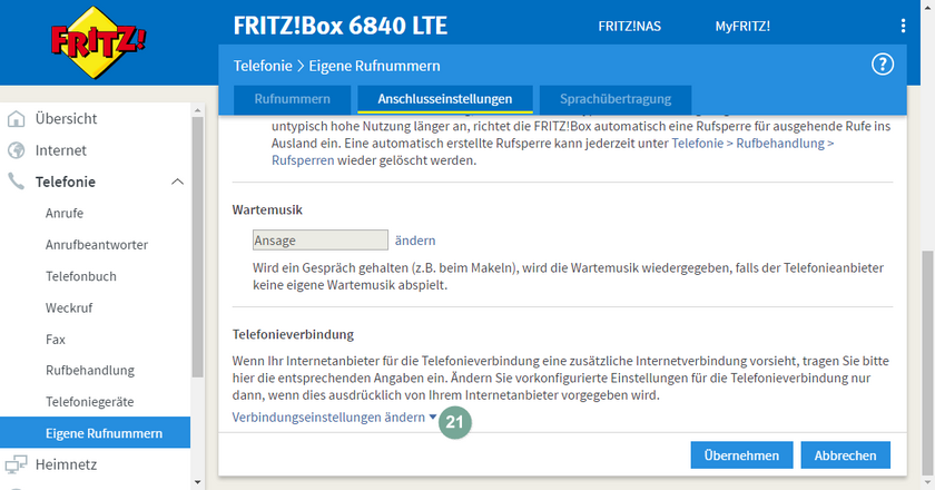 Anschlusseinstellungen ändern FritzBox