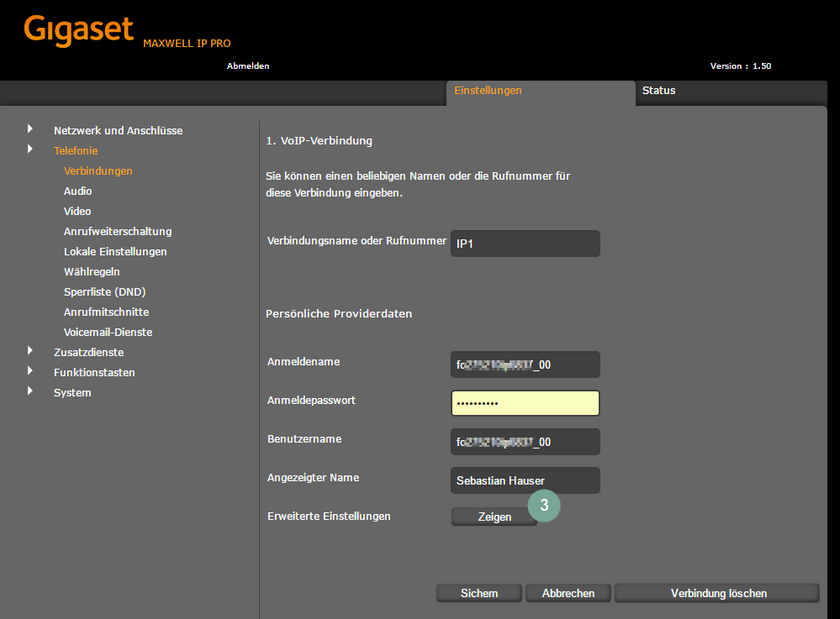 Gigaset-Oberfläche erweiterte Einstellungen anzeigen
