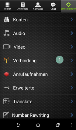 Zoiper Android Einstellungen-Menü