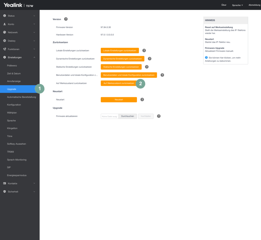 Yealink SIP-T57W in den Werkszustand setzen