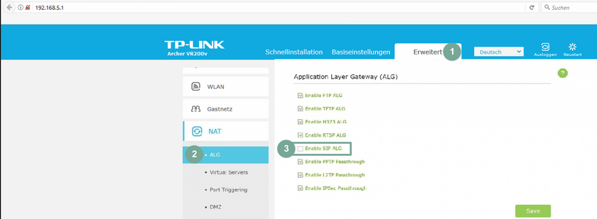 SIP ALG deaktivieren