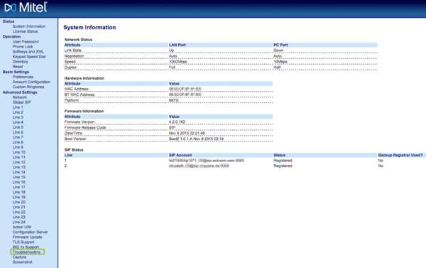 Administrationsoberfläche Mitel / Aastra