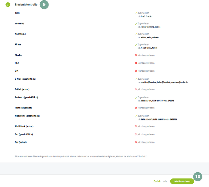 Kontaktimport per CSV: Ergebniskontrolle