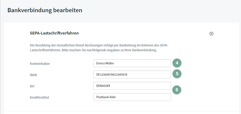Angaben zur Bankverbindungen eintragen