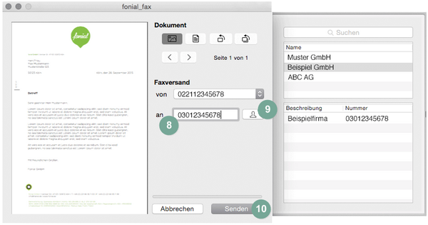 Empfänger auswählen fonial Faxdruckertreiber