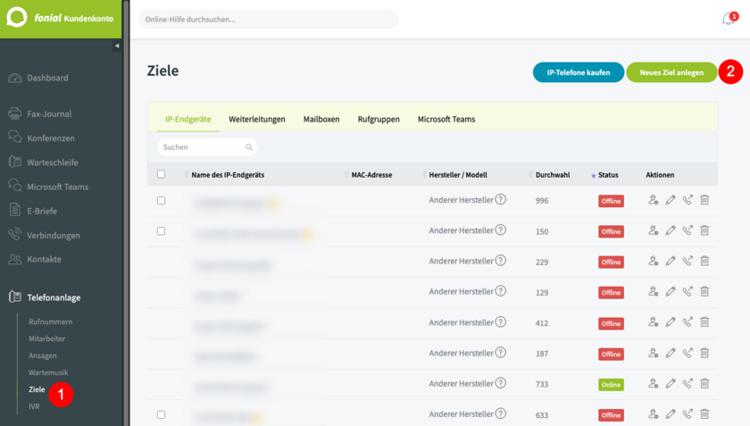 Neues Ziel im fonial Kundenkonto anlegen