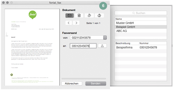 Faxversanddialog fonial Faxdruckertreiber