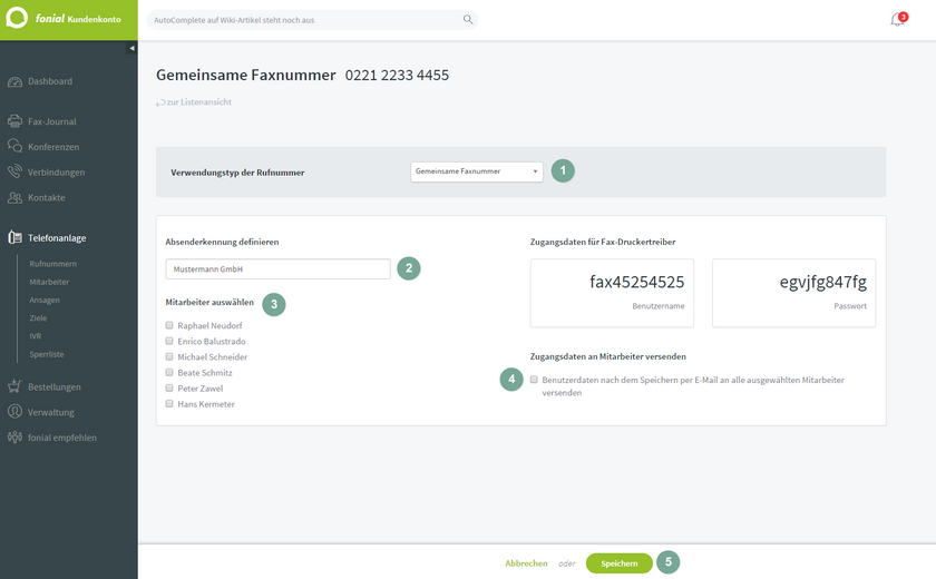 fonial Kundenkonto gemeinsame Faxnummern bearbeiten Schritt 2