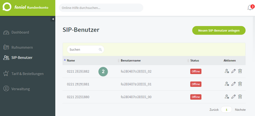 SIP Benutzer fonial Trunking