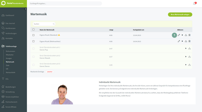 Ansicht fonial Kundenkonto Wartemusik bearbeiten Schritt 1