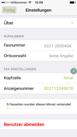 Display fonial E-Fax-App Kopfzeile 