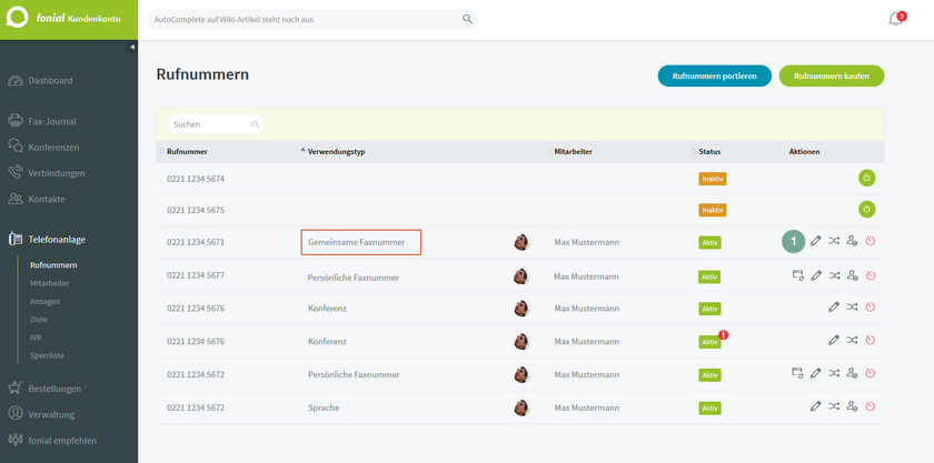 fonial Kundenkonto Gemeinsame Faxnummern bearbeiten Schritt 1