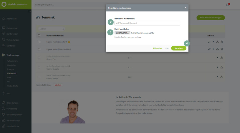 Ansicht fonial Kundenkonto Wartemusik anlegen Schritt 2