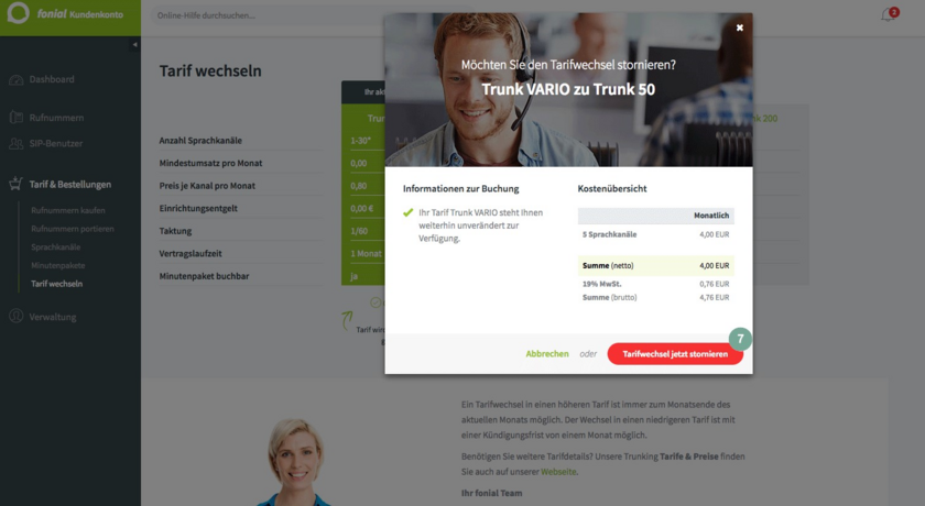 Information und Bestätigung Tarifwechsel stornieren
