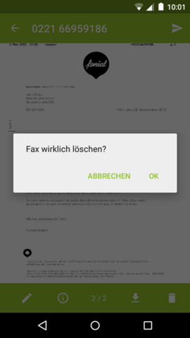 Ansicht fonial E-Fax-App Löschbestätigung