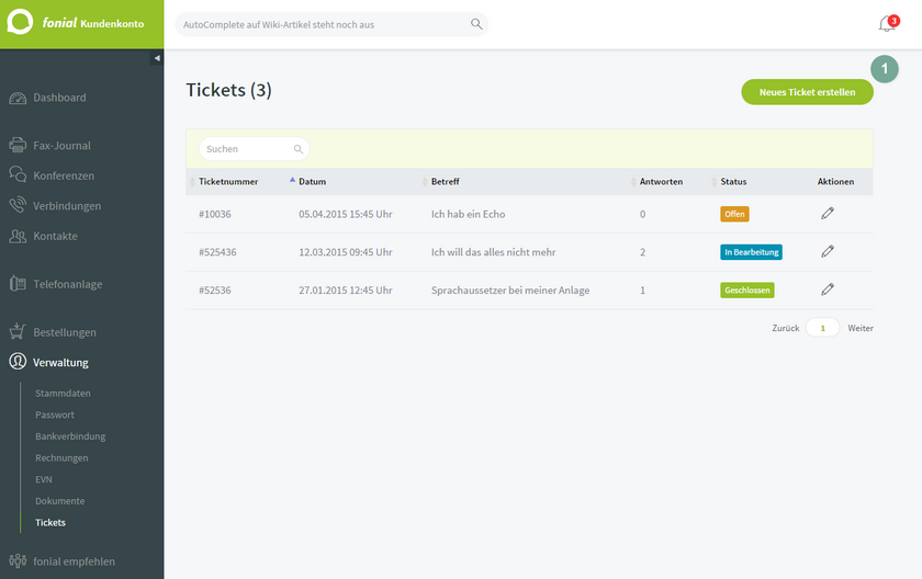 Verwaltung Ticket erstellen