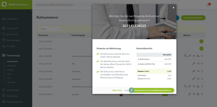 fonial Kundenkonto Rufnummern aktivieren Schritt 2