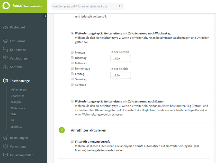 Ansicht fonial Kundenkonto Selektive Anrufweiterleitung