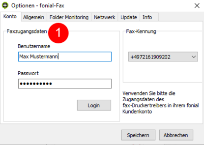 Optionsmenü Faxdruckertreiber Windows