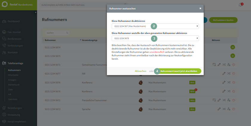 fonial Kundenkonto Rufnummern austauschen Schritt 2