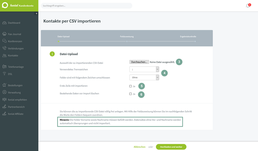 Einstellungen des CSV imports