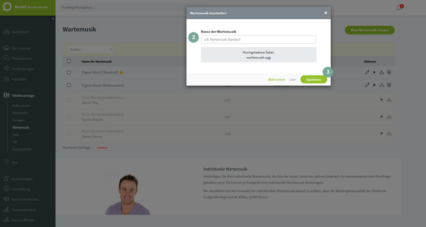 Ansicht fonial Kundenkonto Wartemusik bearbeiten Schritt 2