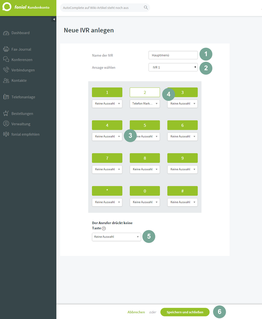 Konfiguration der Anlage Neue IVR anlegen